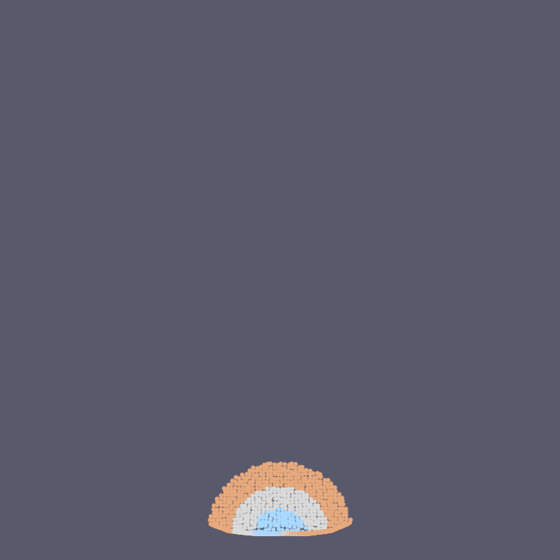 Hex-ring body, material view — three concentric half-rings (orange stiff outer, gray medium, light blue inner soft) settled into a dome under gravity