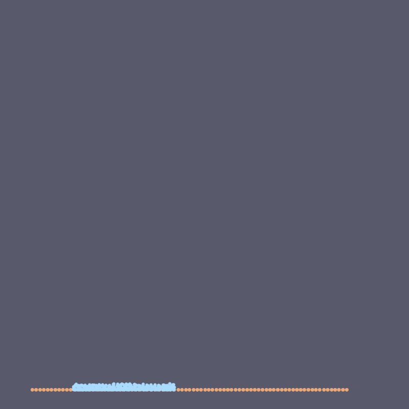 Creature on floor, material view — small light blue cluster on long orange floor, tiny against the world